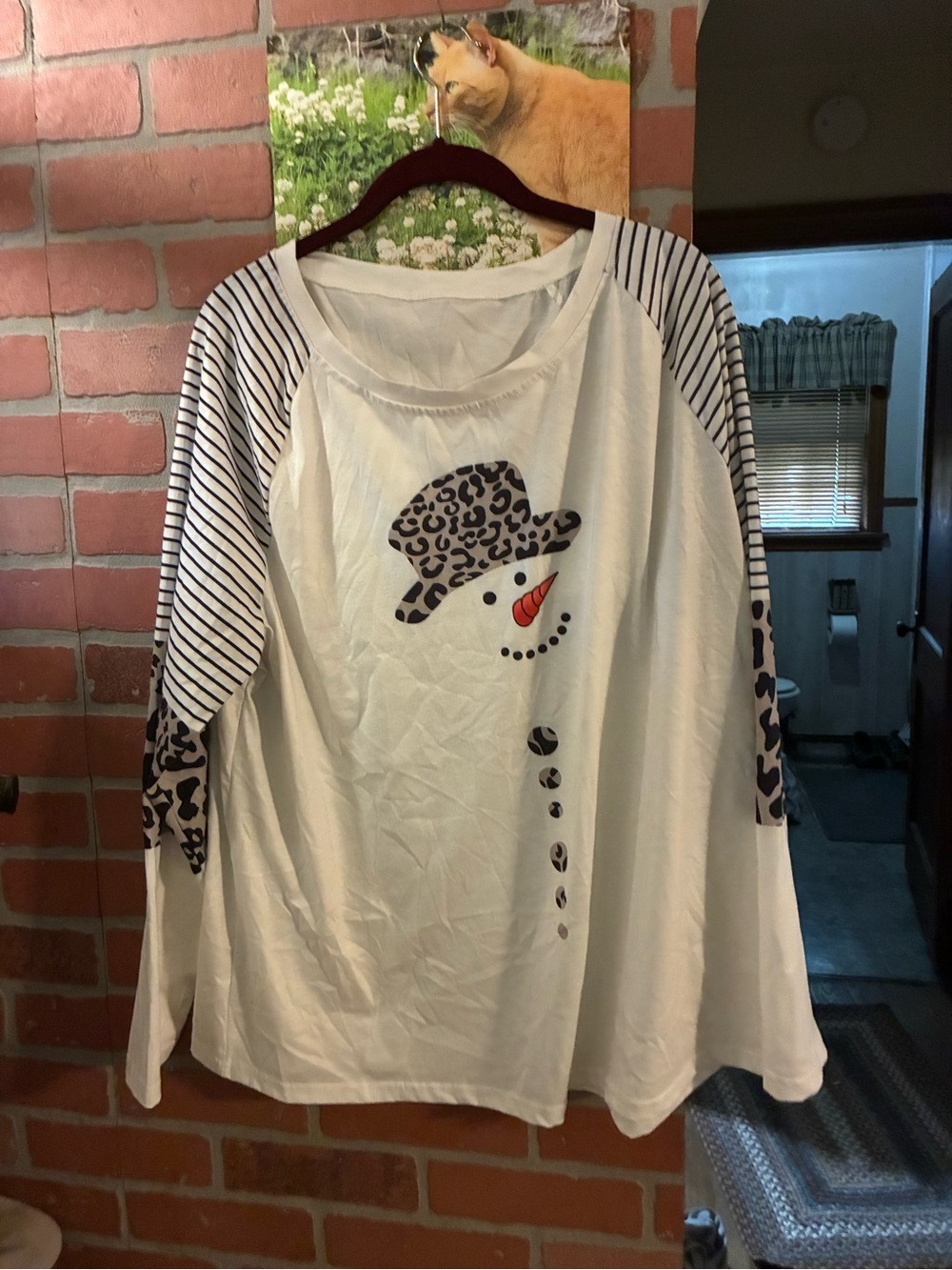 White Snowman Graphic Long Sleeve Top with Leopard Accent